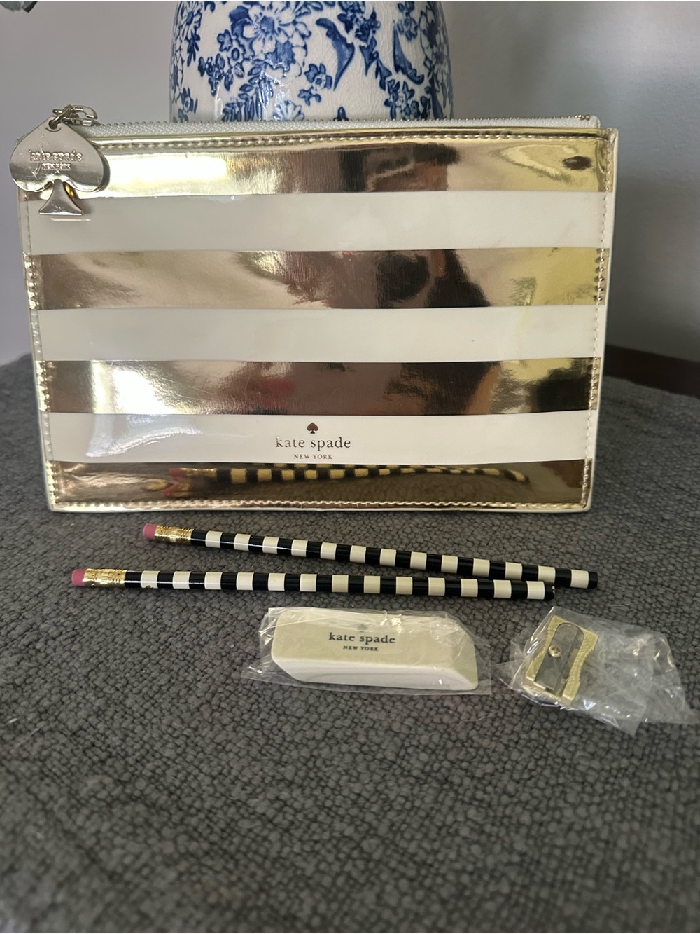 Kate Spade ♠️ Gold & White Stripe Zip Pouch Pencil Case